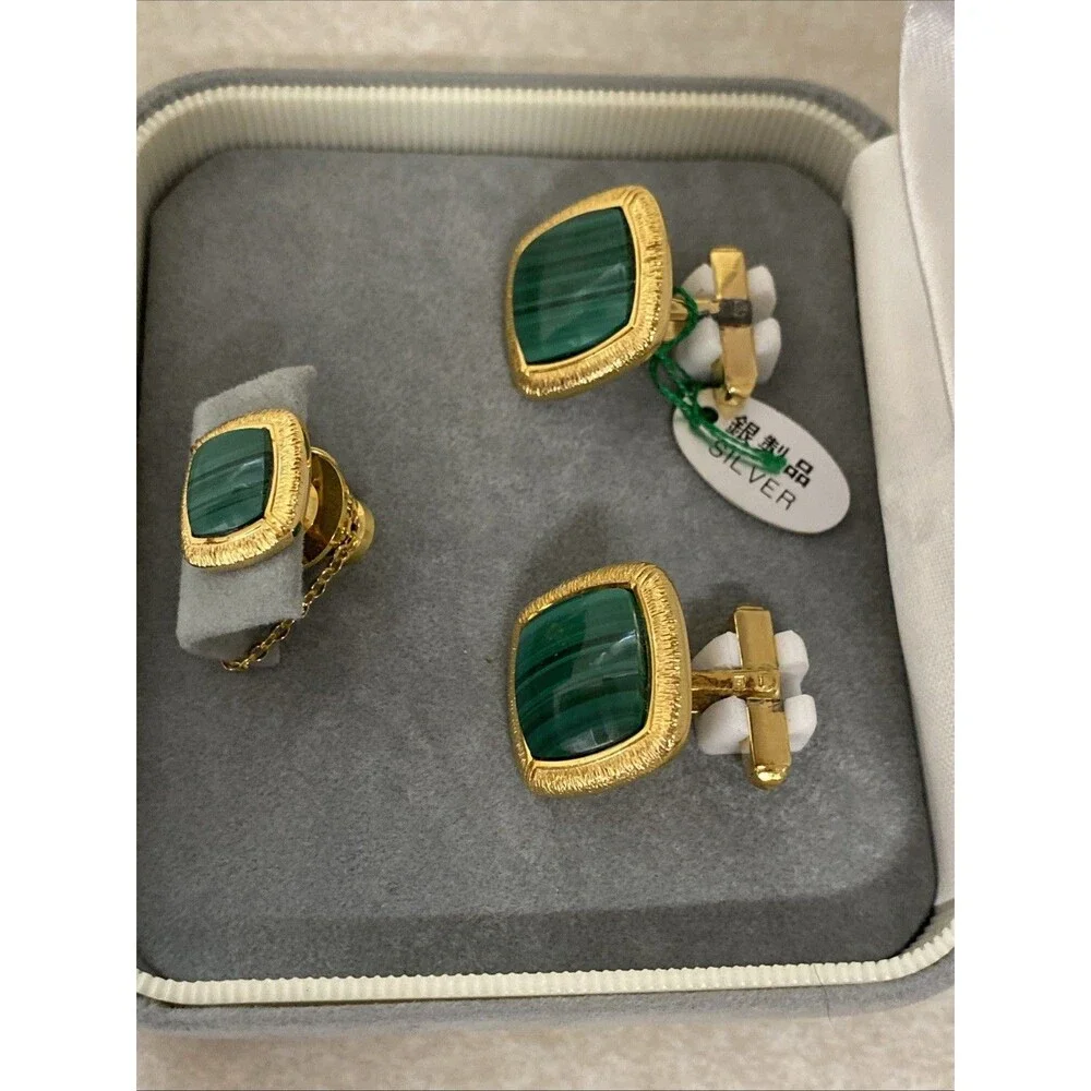 Vintage Japan Sterling Silver Gold-Plated Malachite Cufflink Gift Set